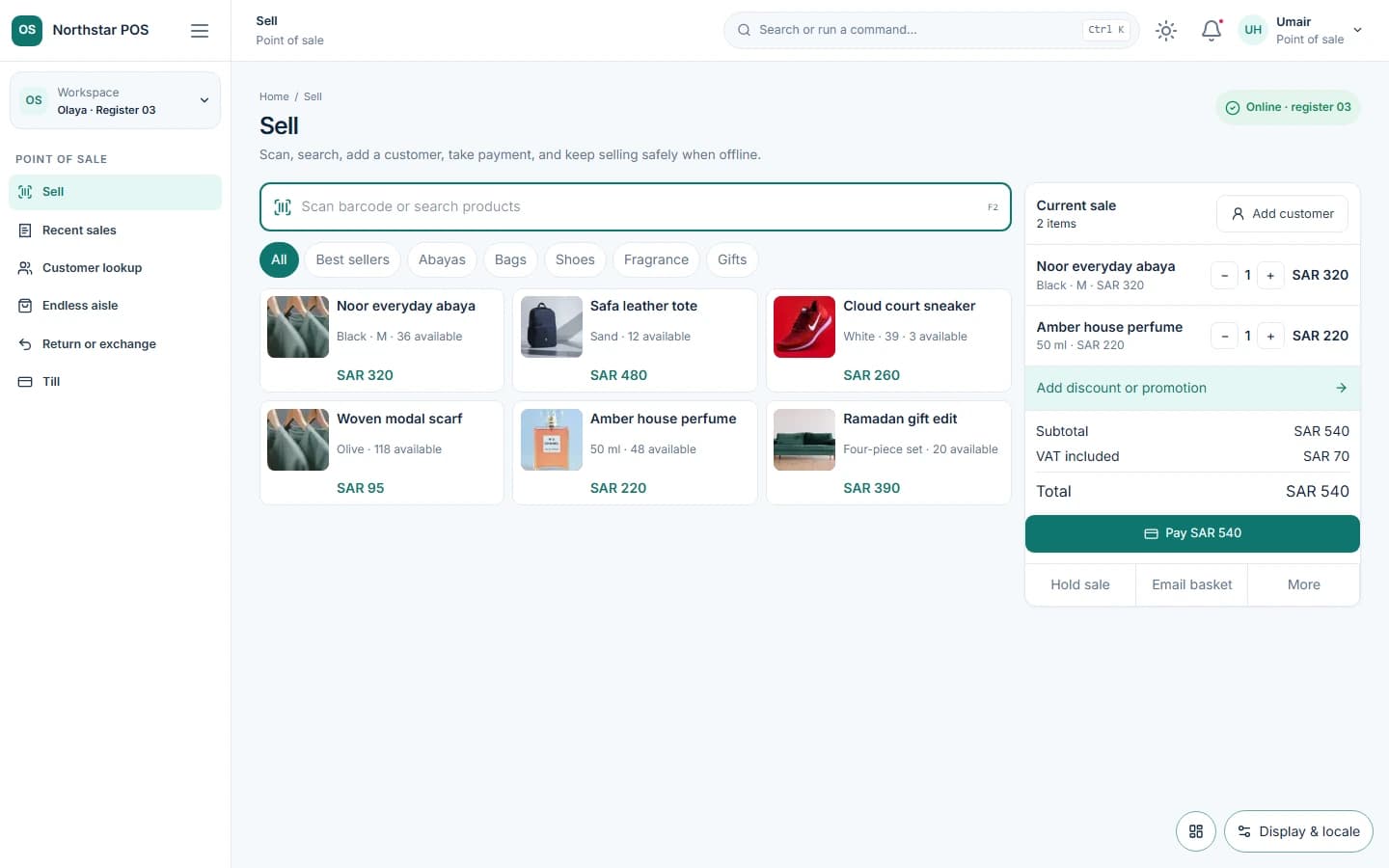 Illustrative catalog and point-of-sale interface with sample products
